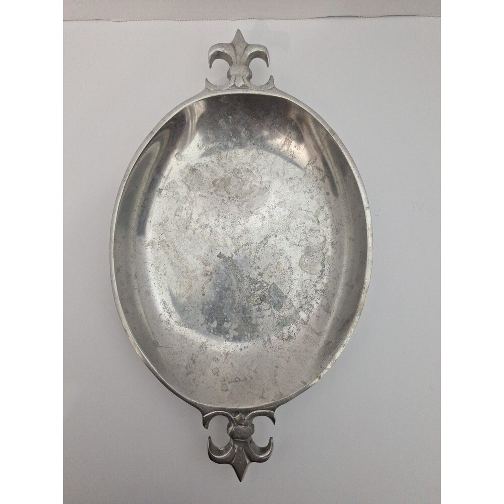 Vtg Hand Made India Aluminum Metal Fluer-de-lis Serving Tray 13”x 8” Oval Silver